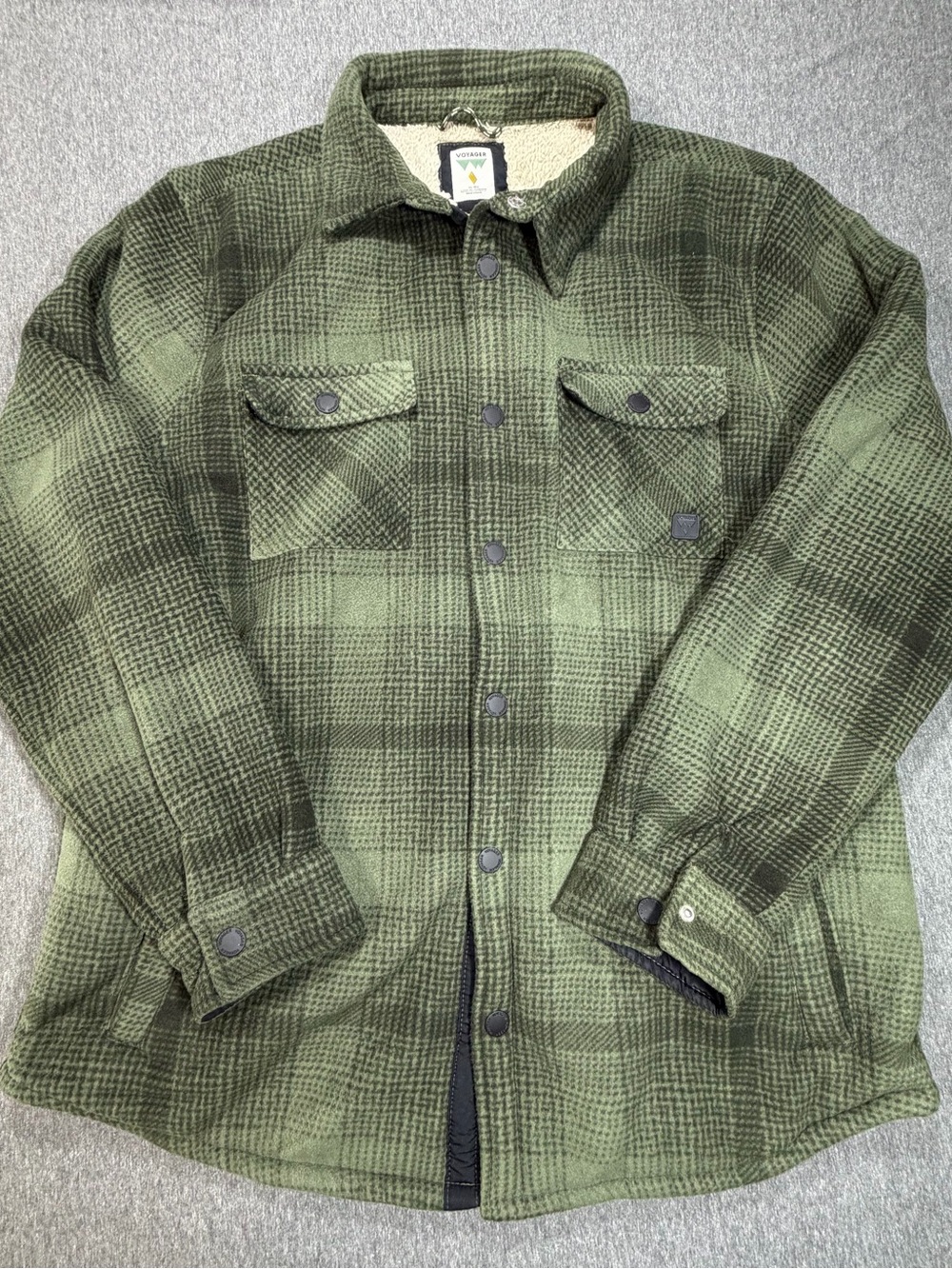 Voyager Sherpa Lined Shirt Jacket Men’s XL Green Plaid Fleece Lined Flannel